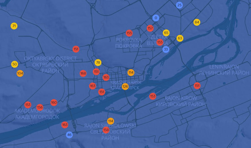 Прямо сейчас датчики общественников показывают загрязнение воздуха в нескольких районах – Свердловском, Ленинском, Октябрьском, а также в Покровке и на Взлетке