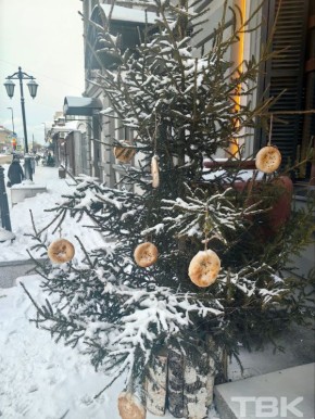 Аппетитные украшения. Вот такие елочки с пышками около одного из кафе на пр. Мира
