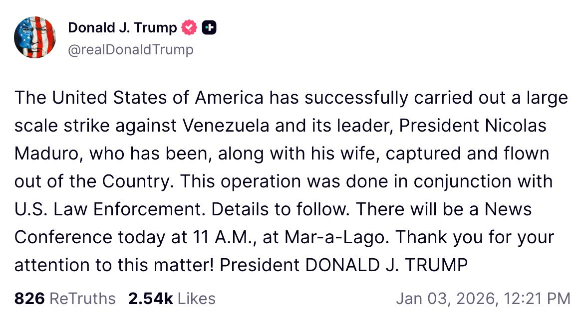 Дональд Трамп заявил о том, что США смогли захватить действующего президента Венесуэлы Мадуро с его женой