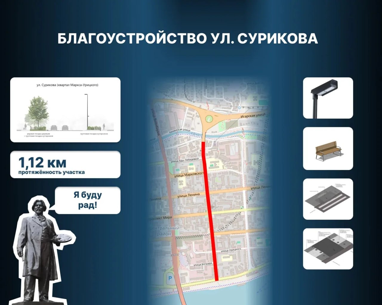 Улицу Сурикова в Красноярске собираются благоустроить в 2026 году
