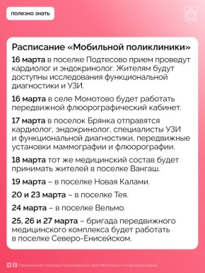 В марте мобильная поликлиника будет работать в населенных пунктах Енисейского, Северо-Енисейского и Казачинско-Пировского округов